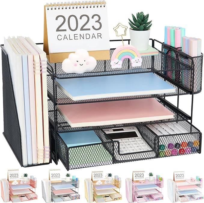 Desk Organizer and Accessories, 4-Tier Desktop File Organizer with Drawer and 2 Pen Holders, Office Desk Accessories, Workspace Organizers for Office Supplies(Black)