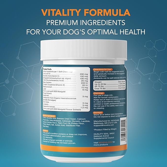 NOVEHA 180 Soft Chews for Dogs โ with Lutein, Astaxanthin & Omega-3 from Fish Oil โ Support for Overall Wellness โ Made in USA โ Chicken Flavor โ 90 Chews x 2 Pack