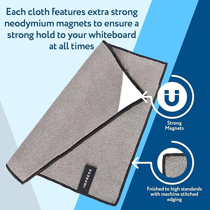 Impresa Magnetic Microfiber Dry Erase Cloth Erasers - 10 in x 10 in, 4-Pack, White, Reusable & Washable - Strong Magnet Grip for Whiteboards & More - Teacher Supplies & Classroom Must Haves