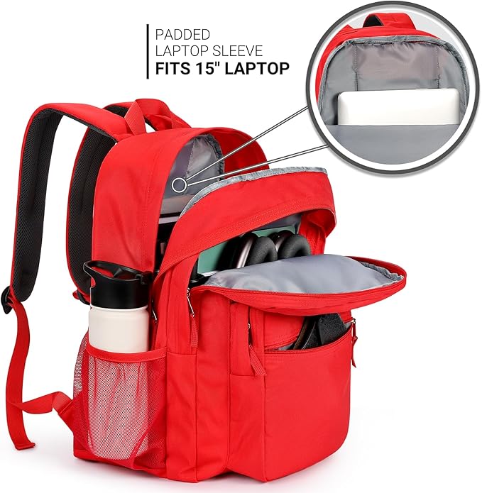 ZORFIN 26L Backpack for School, College, and Travel: Water Resistant Bookbag with 8 Compartments - Red