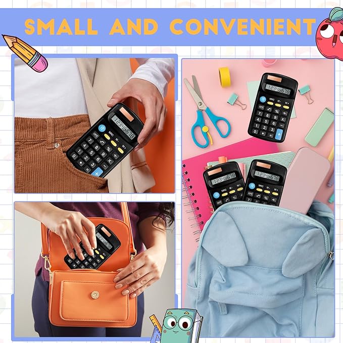 12 Packs Pocket Size Mini Black Calculator Basic Calculators for Handheld Angled Students 8 Digit Display Solar Battery Dual Power Small Calculator for Students Kids Home Office