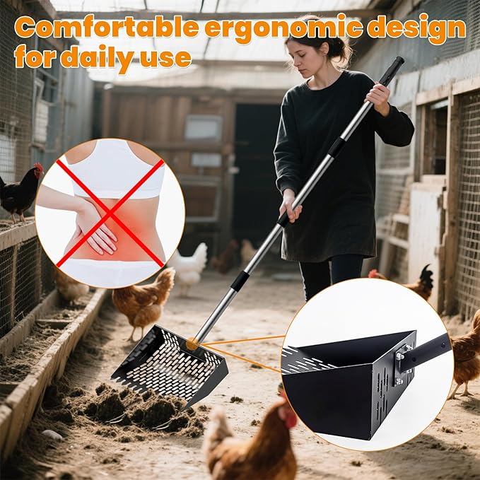 Chicken Poop Scooper for Sand with 22–62'' Adjustable Handle, Metal Chicken Coop Scoop with Rake-Style Teeth and Bonus Garden Flat Shovel for Coop Cleaning, Ice & Debris Removal