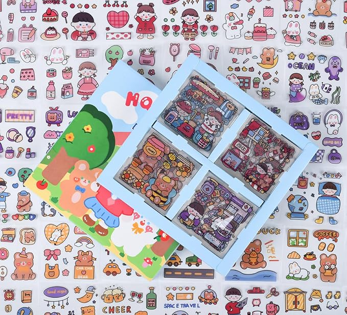 Cute Cartoon Kawaii Scrapbook Stickers - 100 Sheets Transparent Sticker for Junk Journal Planner Album Calendars Notebook DIY Craft Decor