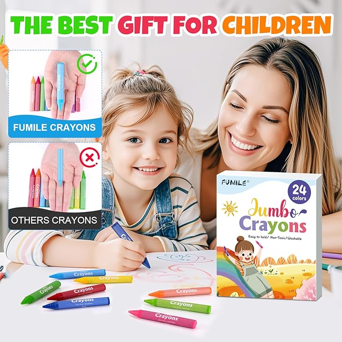 24 Colors Jumbo Crayons for Toddlers 1-3.Washable,Non-Toxic Crayon for Toddlers Ages 4-8.Easy to Hold and Unbreakable Big Toddler Crayons for Toddler Coloring.Best Gift for Holiday ,Travel and Art