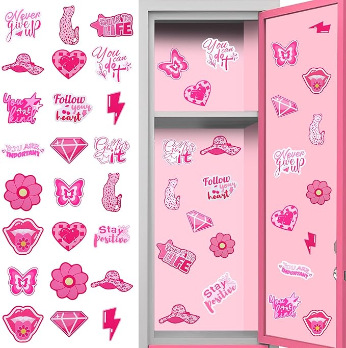 24 Pcs Preppy Locker Magnets for Girls - Pink Inspirational Magnets, Motivational Quote Decorative Magnets for Middle School Students Classroom Locker Decor