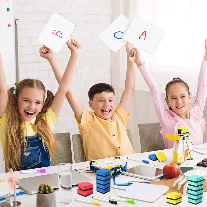 Harloon 72 Pieces Dry Erase Answer Paddle Set 7.8 x 9.8 Handheld 24 Wooden Answer Board Dry Erase Paddles with 24 Markers 24 Magnetic Erasers for Students Teaching Supplies(No Spectrum)