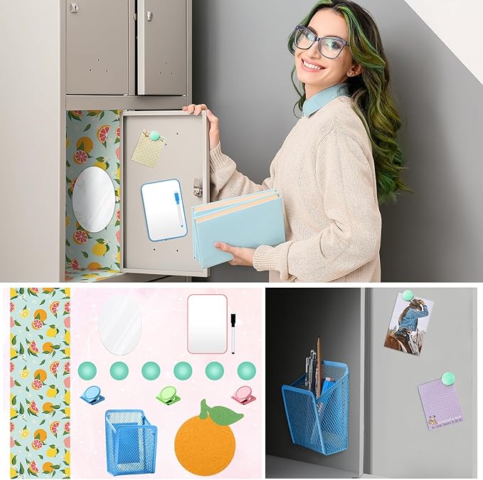Harloon 15 Pcs Locker Decoration and Organizer Kit Locker Wallpaper Magnetic Pen Holder and Mirror Whiteboard Marker Cork Board with 3 Push Pins 3 Magnetic Clip 6 Magnets(Orange)