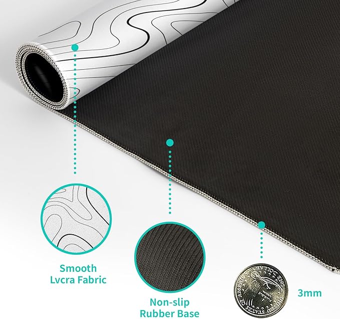 Gaming Mouse Pad Topographic Large Mousepad Keyboard 31.5 x 11.8in for Non-Slip Base and Stitched Edge, Extended Desk Pad XL Desk Mat (White)