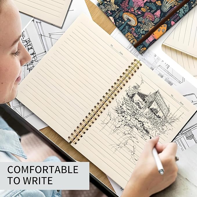 Bansutay Spiral Journal Notebook, A5 Cute Notebooks for Women Men, College Ruled Hardcover Notebook for Work & Note Taking, 60 Pages Double-Wire Journals for Writing (BOHO Mushroom)