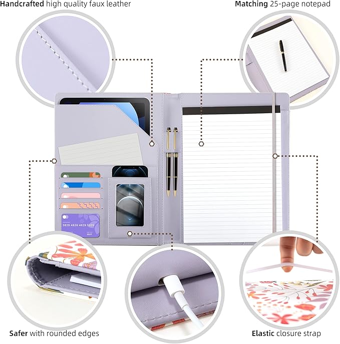 Padfolio for Women PU Leather Portfolio Cute Binder Foldable Recipe Clipboard Purple Phone Pocket