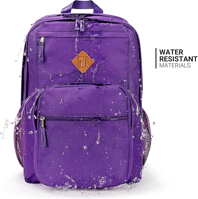 ZORFIN 26L Backpack for School, College, and Travel: Water Resistant Bookbag with 8 Compartments - Purple