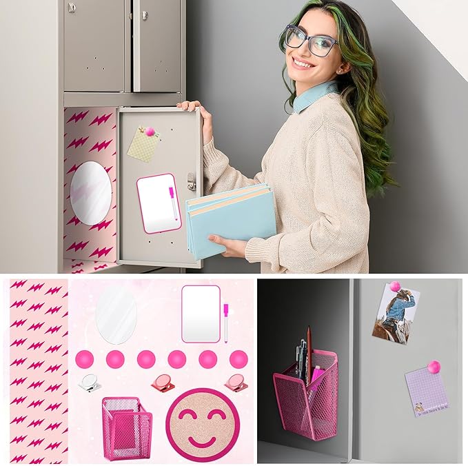 Harloon 15 Pcs Locker Decoration and Organizer Kit Locker Wallpaper Magnetic Pen Holder and Mirror Whiteboard Marker Cork Board with 3 Push Pins 3 Magnetic Clip 6 Magnets(Happy)