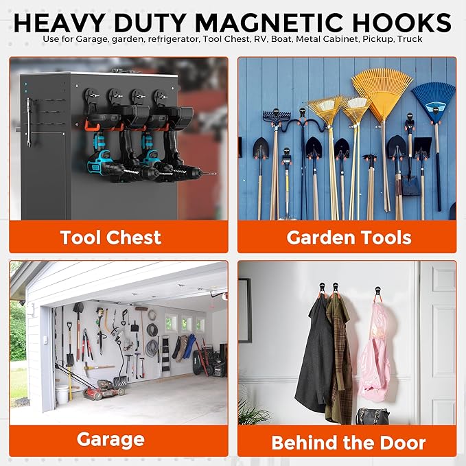 4 Pcs Large Strong Magnetic Hooks Heavy Duty Garage Big Magnet Hooks Extra Strength Magnetic Utility Storage Hook Hanger with Anti Slip Coating for Garden Indoor Outdoor Hanging Tools Orange