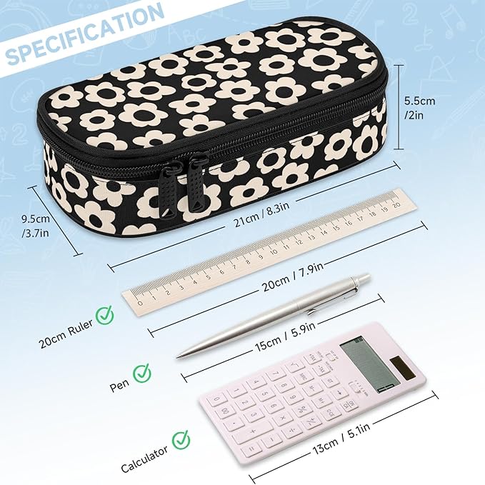 Black with Beige Flower Large Pencil Pouch Big Capacity Cute Pencil Case for Girls Boys Teen Women Men Adult,Portable Kids Pencil Bag with Zipper,Stationery Storage Pen Bag for School Office Organizer