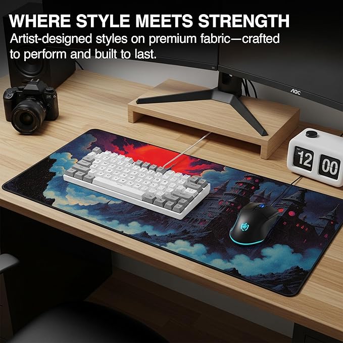 MPCO. Dark Fantasy Large Gaming Desk Pad - 36" x 17" Aeroglyde Fabric The Red Luna Desk Mats - Non-slip, Washable, Smooth Glide for Precision Gaming & Work
