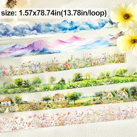6 Rolls Transparent PET Tape Set, Nature Landscape Decorative Stickers for Scrapbooking, Journaling, DIY Crafts, Waterproof Craft Supplies with Decorative Clip
