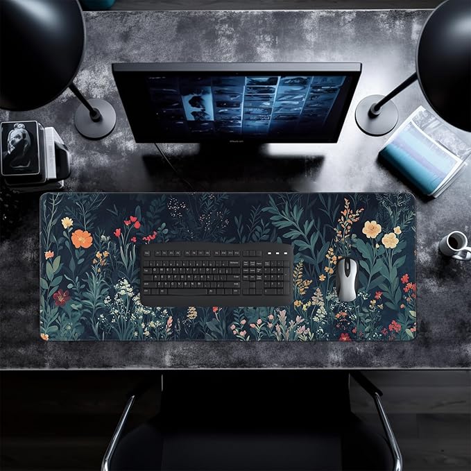 Flower Mouse Pad Abstract Big Mouse Pad 31.5x11.8 Inch Floral Texture Non-Slip Rubber Base Large Weeds Mousepad Stitched Edges Keyboard Mouse Mat Desk Pad for Office and Home