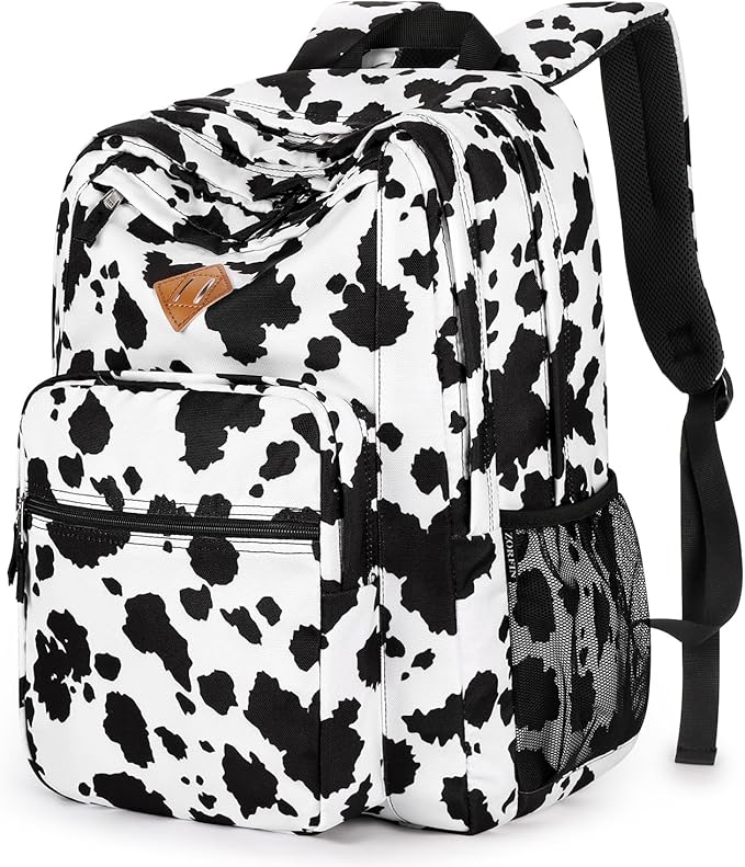 ZORFIN 26L Backpack for School, College, and Travel: Water Resistant Bookbag with 8 Compartments - Cow Print Black