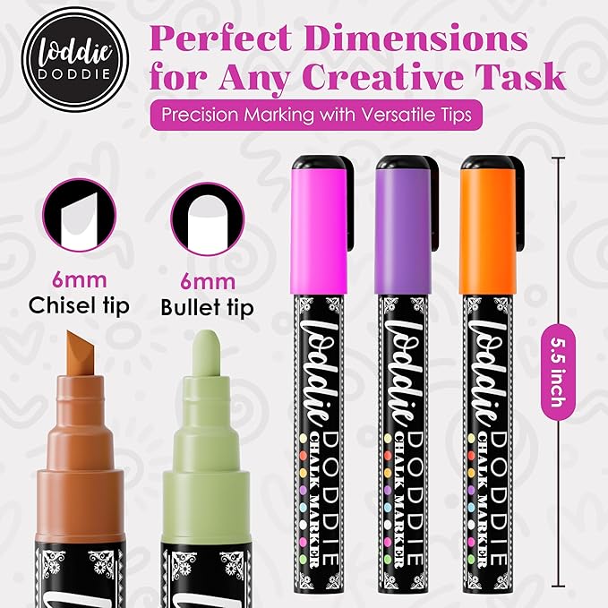 Loddie Doddie Chalk Markers for Blackboard & Windows - 10 Count Earth Tones 6mm Chisel & Bullet Tip - Smudge-Proof Erasable Liquid Chalk Pens with Reversible Tips