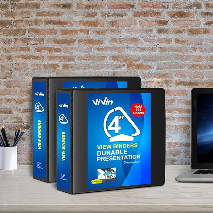 ViVin Durable 4 inch D Ring View Binder, Large 4" Slant-D Ring with 835-Sheet Capacity, Fit 8.5" x 11" Paper, 6 Pack(Black)