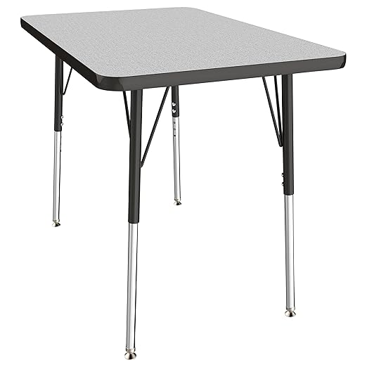 FDP Rectangle Activity School and Office Table (24 x 36 inch), Standard Legs with Swivel Glides, Adjustable Height 19-30 inches - Gray Top and Black Edge