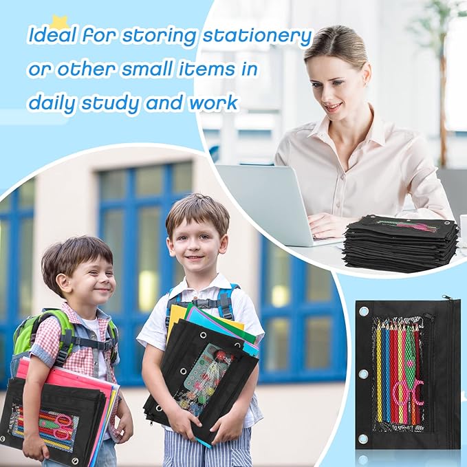 Tinlade 100 Pcs 3 Ring Binder Pencil Pouches Zipper Pouches Case with Mesh Window Ring Binder Pencil Bags Case for Christian Charity Donation Supplies(Black)