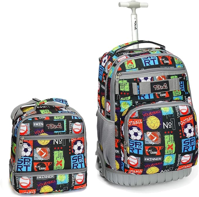 Tilami Rolling Backpack 19 inch with Lunch Bag Wheeled Laptop Backpack, Sport Balls