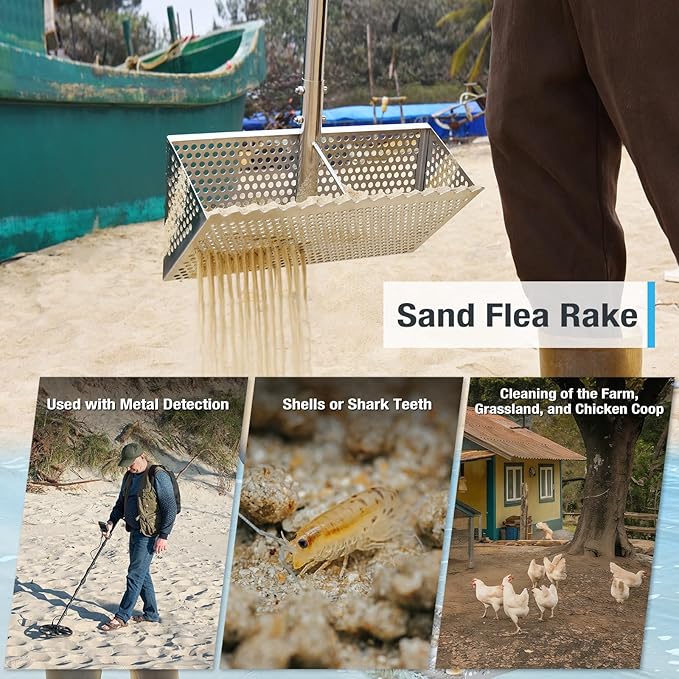 Sand Flea Rake, Long Handle Sand Sifter for The Beach, Stainless Steel Shark Tooth Sifter Comes with A 16-Inch Wide Mesh Screen for Collecting Fleas, Shark Teeth, and Seashells