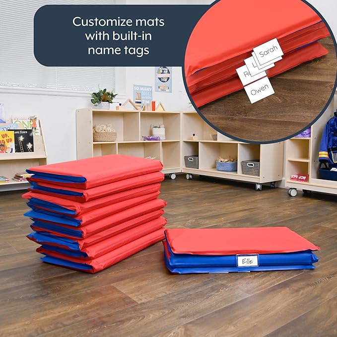 Children’s Factory 1 Inch Thick Rest Mats for Preschool, 4-Section Nap Mats for Daycare, Nursery, Classroom, Red-Blue, 10 Pack