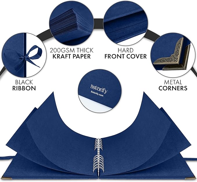 Bstorify Square Scrapbook Photo Albums 8 x 8 Inch Blue Hardcover with Ribbon Closure - Ideal for Scrapbooking, Art & Craft Projects