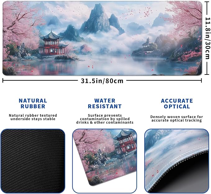 Cherry Blossom Watercolor Mouse Pad Abstract Big Mouse Pad 31.5x11.8 Inch Landscape Texture Non-Slip Rubber Base Large Mousepad Stitched Edges Keyboard Mouse Mat Desk Pad for Office and Home