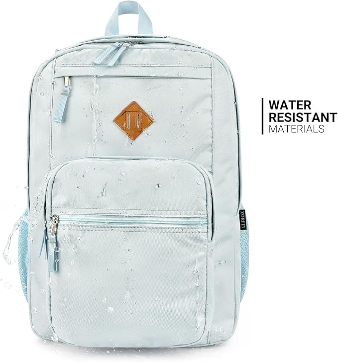ZORFIN 26L Backpack for School, College, and Travel: Water Resistant Bookbag with 8 Compartments - Light Gray Blue