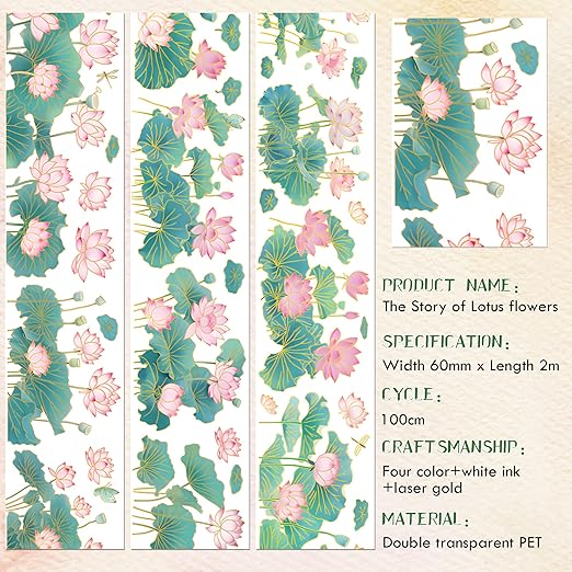 PET Tape for Journal Scrapbooking - Green Pink Lotus Journal PET Tape Scrapbook Supplies, Scrapbook Notebook Bottle Crafts Décor