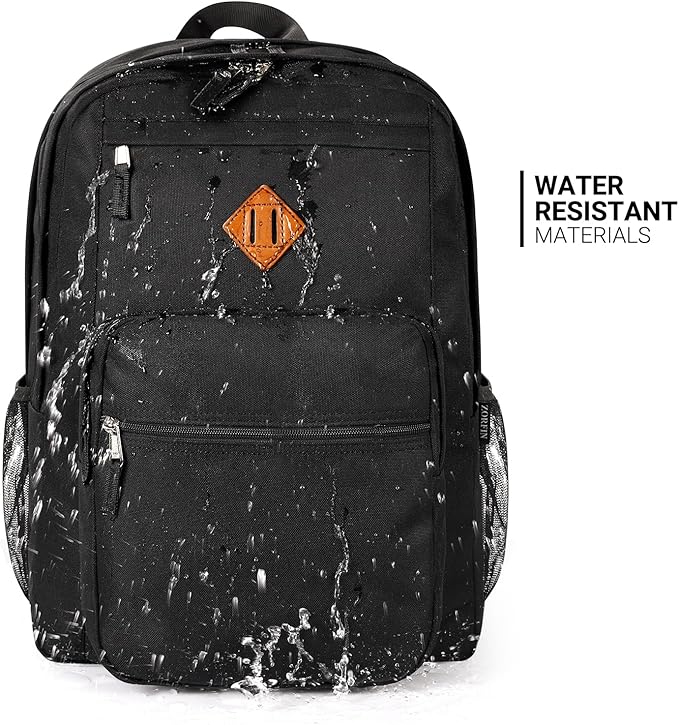 ZORFIN 26L Black Backpack for School, College, and Travel: Water Resistant Bookbag with 8 Compartments