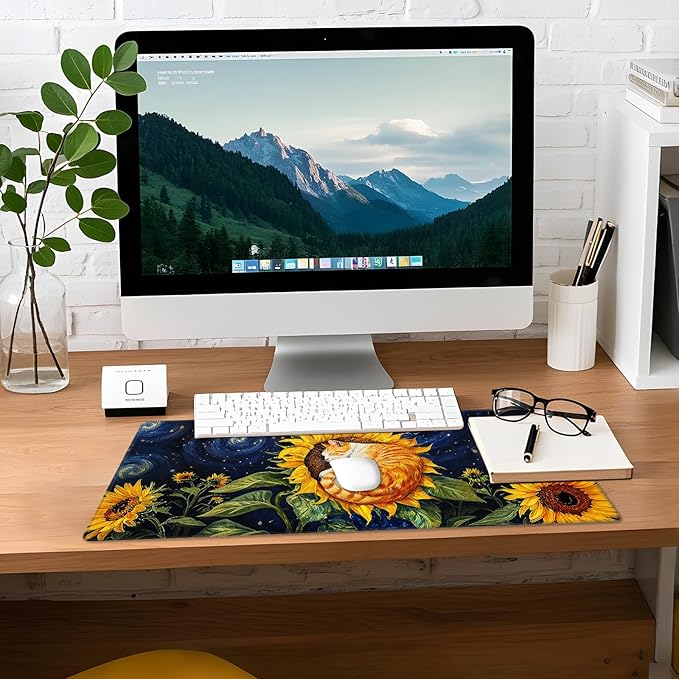 Sunflower Cat Gaming Mouse Pad, Starry Sky Cute Orange Cat Mousepad - Large Non-Slip Desk Mat for Office, PC, Laptop - 35.5"x15.7" x 3mm