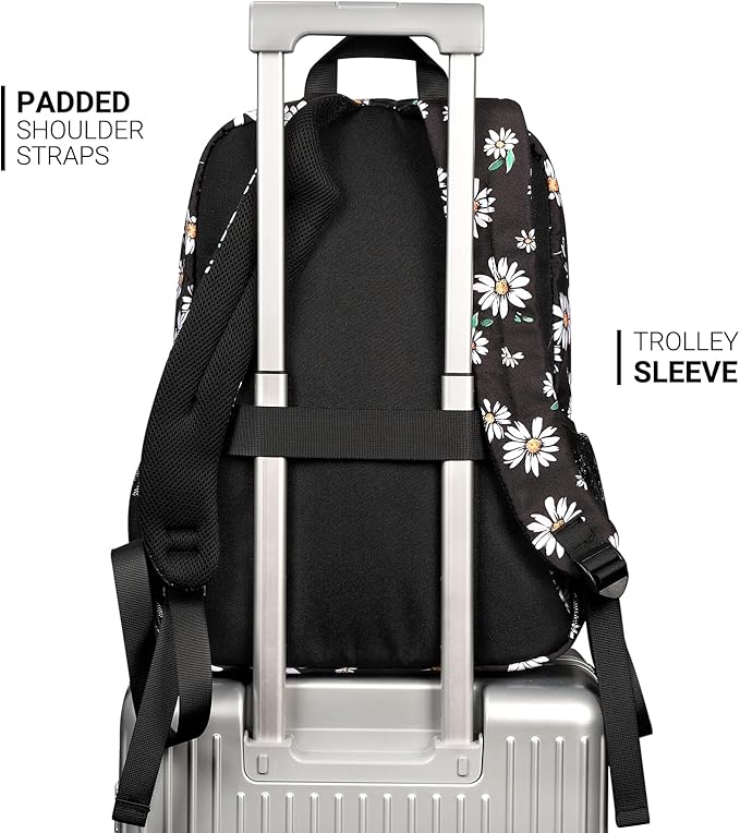 ZORFIN 26L Backpack for School, College, and Travel: Water Resistant Bookbag with 8 Compartments - Daisy Black
