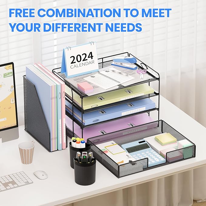 Desk Organizer and Accessories, 4-Tier Desktop File Organizer with Drawer and 2 Pen Holders, Office Desk Accessories, Workspace Organizers for Office Supplies(Black)