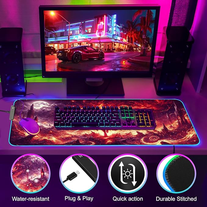 Gaming Mouse Pad - Desk Mat Gaming Mouse Pad , Medium Extra Large Extended Big Long Huge XL XXL and XXXL RGB LED Light Mousepad For a Computer , PC Mats Mousepads Hellfire Crusader