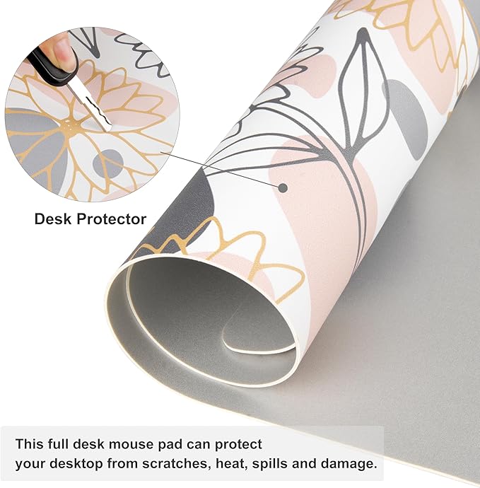 QiyI Large Mouse Pad, Extended Desk Mat for Desktop, PU Leather Waterproof Gaming Mousepad, Computer Desk Accessories Protector Writing Pads for School Office Home 31.5" x 15.7" - Line Art Flowers
