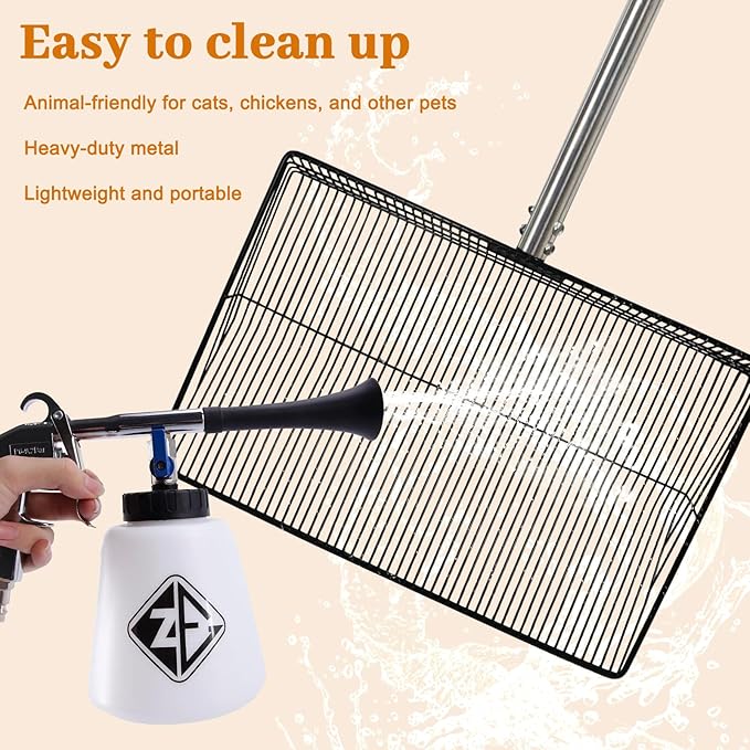 15" Extra Large Chicken Coop Scooper – Heavy Duty Stainless Steel Adjustable Handle (24"-76") Chicken Poop Rake, 5 in 1 Dual-Use Sifting Shovel for Chicken Poop & Litter Cleaning Tool