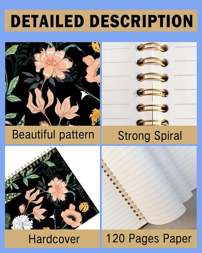 Spiral Notebook A5, Hardcover Journal for Women, 120 Pages Thick College Ruled Paper, Perfect for Office, School, or Home Use(Flowers on Black Background)