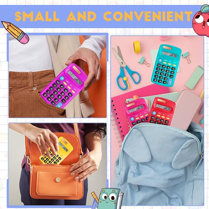 36 Packs Pocket Size Mini Calculator Basic Calculators for Handheld Angled Students 8 Digit Display Solar Battery Dual Power Small Calculator for Students Kids Home Office (6 Colors)
