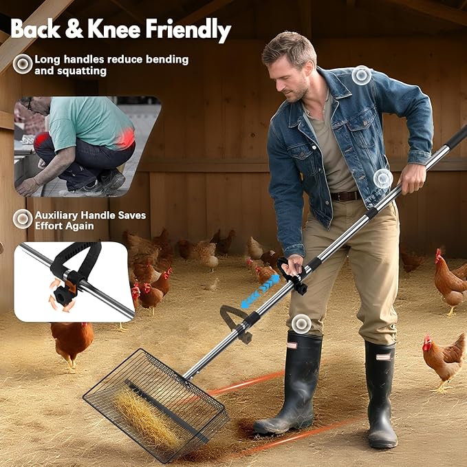 15inch Large Chicken Poop Scooper, 2 Slot Widths (0.16"&0.28"), 39" to 76" Adjustable Stainless Steel Handle, Sifting Litter Shovel for Chicken Coop/Stables/Farm Cleaning (with Effortless Grip)