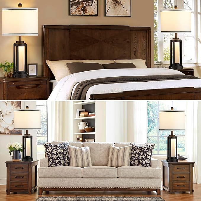 25" Modern Table Lamps Set of 2, Industrial Beside Lamps with USB A+C Charging Ports & AC Outlet, Nightstand Lamp with Glass Night Light for Living Room Bedroom End Table Decor White(4 Bulbs Included)