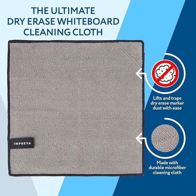 Impresa Magnetic Microfiber Dry Erase Cloth Erasers - 10 in x 10 in, 4-Pack, White, Reusable & Washable - Strong Magnet Grip for Whiteboards & More - Teacher Supplies & Classroom Must Haves