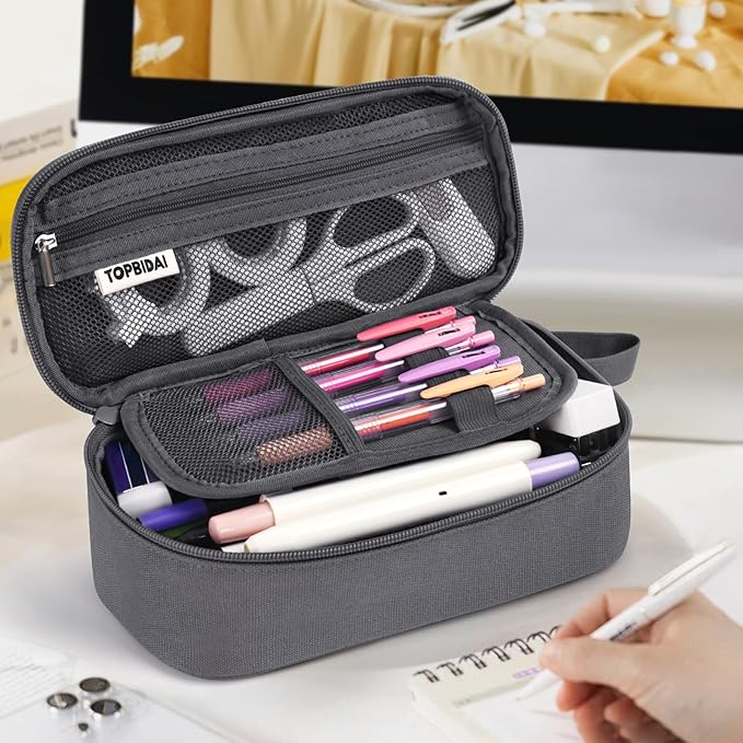Large Pencil Case Pouch for Boy Men Kids Adults, Big Capacity Canvas Pencil Bag, Office College School Multi Compartment Zipper Stationery Pen Bag (Grey)