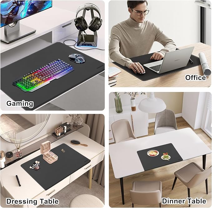 Desk Mat with Lip & Reinforced Stitched Edge|Non-Slip Waterproof PU Leather Desk Pad|Ergonomic Keyboard Mouse Pad with Edge Protector|for Office, Home, Study(28.74" x 16.73",Black)