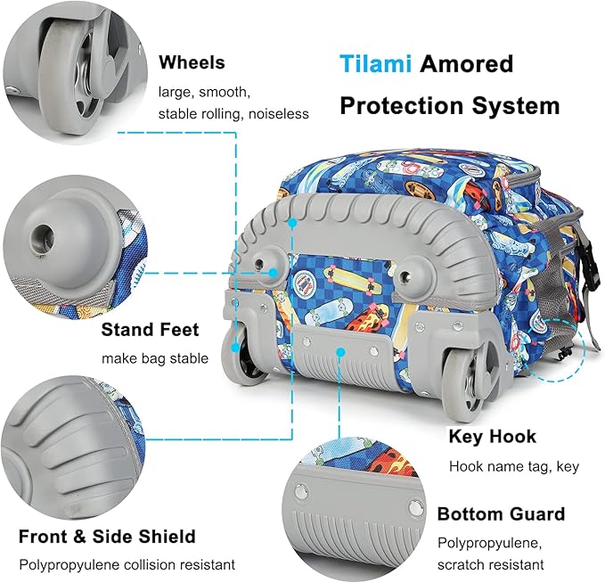 Tilami Rolling Backpack 19 inch with Lunch Bag Wheeled Laptop Backpack, Skateborad
