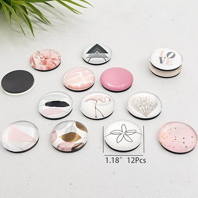 Cute Fridge Magnets, Round Crystal Glass Refrigerator Magnetic for Kitchen & Office Whiteboard Locker Accessories (12Pcs Pink)
