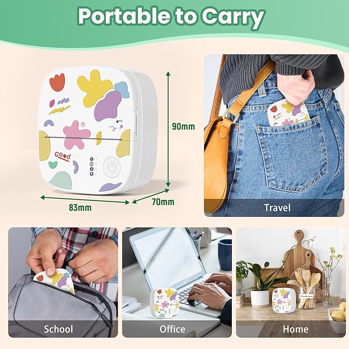 Mini Portable Sticker Printer, Mini Thermal Printer with 3 Rolls Paper, Bluetooth Inkless Printpods, Pocket Label Maker Suitable for Creative Kids DIY, Diaries, Photos, Study Notes -White
